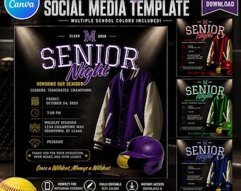 Softball Senior Night Social Media Template, Editable Canva Instagram Post, School Colors