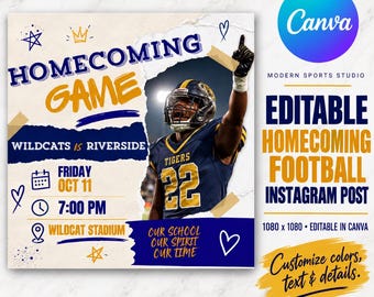 Homecoming Football Instagram Post Template, Editable Canva Football Game Day Graphic