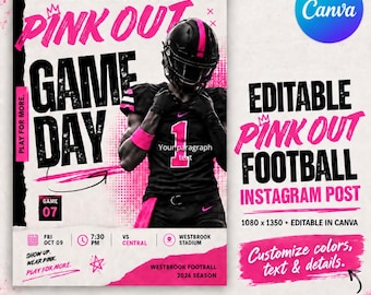 Pink Out Football Instagram Post, Editable Canva, Football Social Media Template, 1080x1350