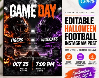 Halloween Football Instagram Template, Editable Canva, Spooky Football Social Media, 1080x1350