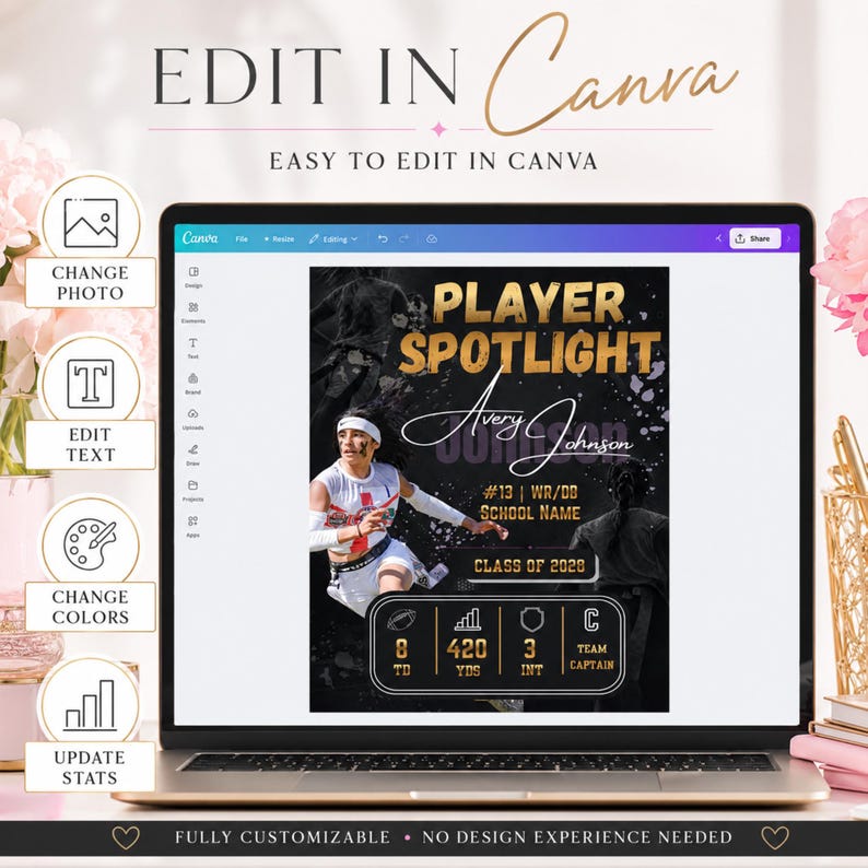 May include: A digital template for a sports player spotlight graphic displayed on a laptop screen. The design features gold text reading PLAYER SPOTLIGHT, a photo of an athlete, and customizable fields for stats, name, and school information.