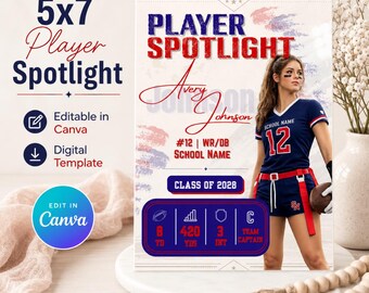 Girls Flag Football Player Spotlight Template | Editable Canva 5x7 Senior Night Card