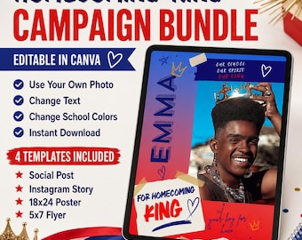 Homecoming King Campaign Templates | Editable Canva Flyer, Poster & Social Media Bundle