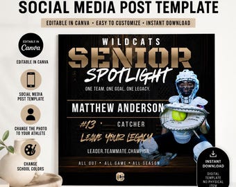 Softball Senior Spotlight Template | Editable Canva Social Media Graphic | Athlete Post