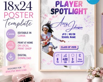 Girls Flag Football Player Spotlight Poster | Editable Canva Senior Night Template | 18x24