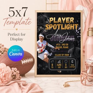 May include: A 5x7 digital template for a sports player spotlight poster featuring a black background with gold text. The design includes a photo of a football player, the name Avery Johnson, jersey number 13, and stats for TD, YDS, INT, and team captain.