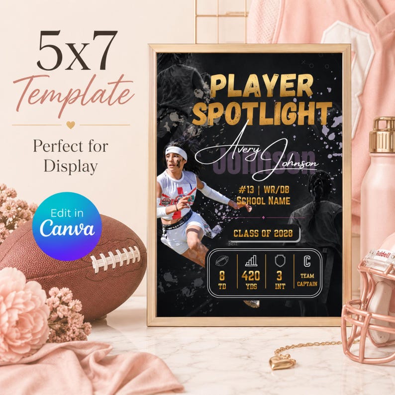 May include: A 5x7 digital template for a sports player spotlight poster featuring a black background with gold text. The design includes a photo of a football player, the name Avery Johnson, jersey number 13, and stats for TD, YDS, INT, and team captain.