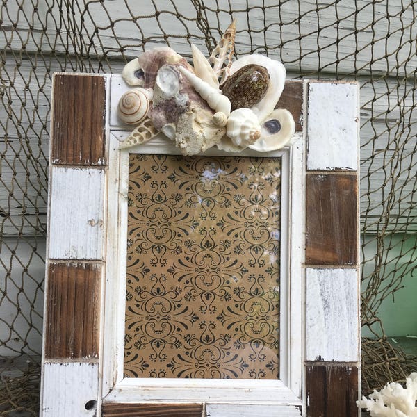 Shiplap Seashell Frame/5x7 Shell Picture Frame/Wedding Day Frame/Coastal Cottage/Beach House Decor