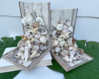 Sea Shell Bookends/Reclaimed Wood Bookends/Coastal Home Decor