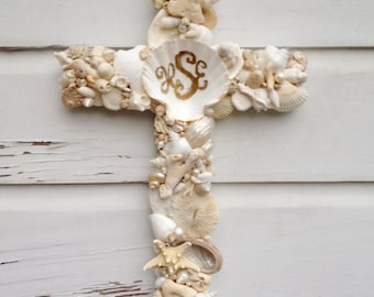 Monogram Seashell Cross: Reclaimed Wood Beach Wedding Decor