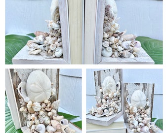 Sea Shell Bookends/Reclaimed Wood Bookends/Coastal Home Decor