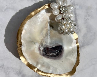 Rhinestone Pearl Large Oyster Shell Ring Dish/Wedding Party Gift/Wedding Oyster Shell Ring Holder