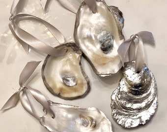 Oyster Shell Christmas Ornament /Silver Oyster Shell/Wedding Party Gift/Hostess Gift/Oyster Christmas Gif