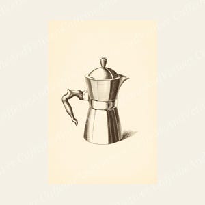 May include: A vintage-style line art illustration of a metallic moka pot coffee maker. The drawing features a faceted body, a conical lid with a small knob, a curved handle, and a spout, rendered in dark brown ink on a light cream background.