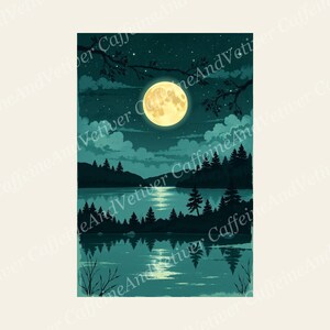 May include: A digital illustration of a night landscape featuring a large, glowing yellow full moon centered in a dark teal sky filled with stars. Below, a calm lake reflects the moonlight, surrounded by silhouettes of pine trees and clouds.