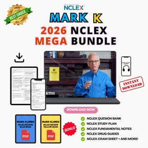 Può includere: Il 2026 Mark K NCLEX Mega Bundle include un laptop che mostra una video lezione, un tablet e uno smartphone con appunti di studio, e icone PDF per i libri blu e gialli. Presenta un'icona di download, testo di download istantaneo e bonus.