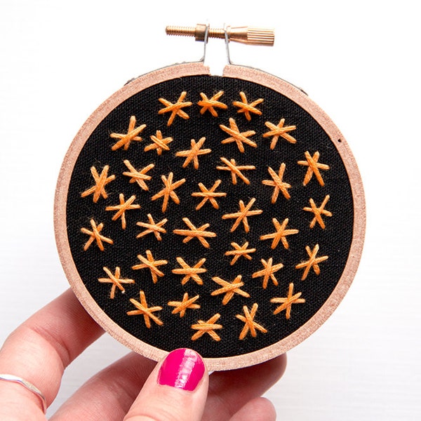 Star Embroidery, Hoop Art, Hand-Stitched Art, Orange Stars, Sparkles, Black Orange, Minimal Modern, Night Sky, Modern Embroidery, Fiber Art