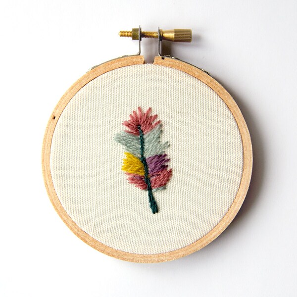 Boho Feather Embroidery - 3 Inch Hoop Art - Crewel Hand Embroidered - Quirky Dorm Decor - Earthy Natural - Tribal Autumn