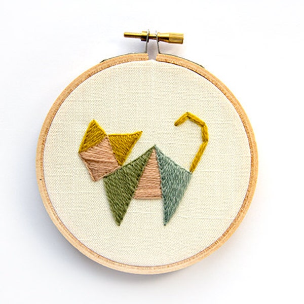 Geometric Cat Embroidery - 4 Inch Hoop Art - Abstract Crewel Hand Embroidered - Quirky Animal - Triangles Tribal - Tangram