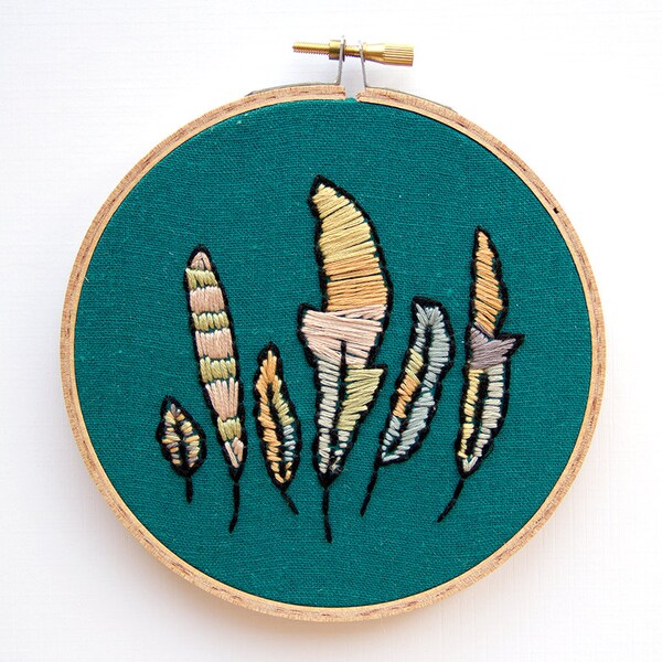 Feather Embroidery, 5 Inch Hoop Art, Hand Stitched, Boho Wall Art, Teal and Pastel Feathers, Southwest Tribal, Bohemian Decor