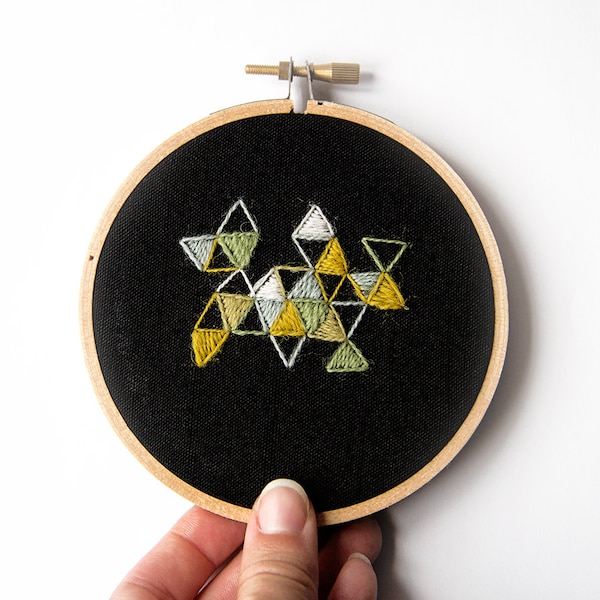 Geometric Abstract Embroidery, 4 Inch Hoop Art, Crewel Stitches, OOAK, Hand Stitched, Quirky Triangles, Black