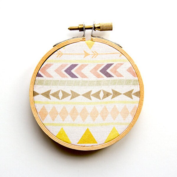 Tribal Pattern Hoop Art - 3 Inch Modern Wall Hanging - Contemporary Design - Original Pattern - Aztec - Triangles Chevron Arrows