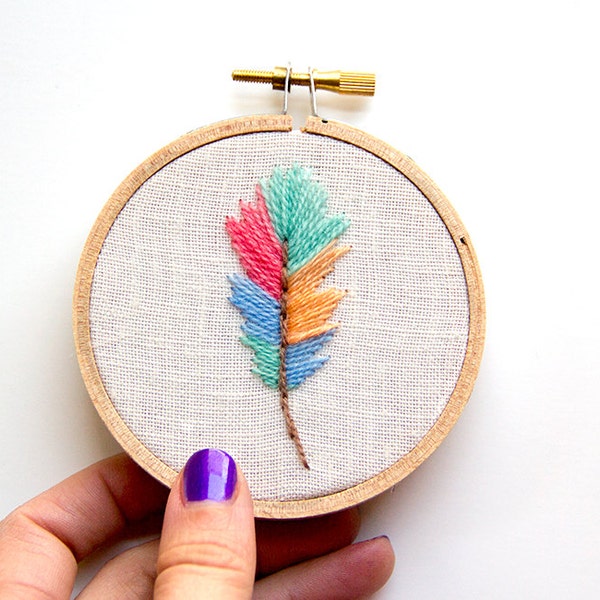 Spring Feather Hoop Art, Bright Neon Boho Decor, Colorful Tropical Teal Yellow Pink, 3 inch hoop, Woodland Rustic
