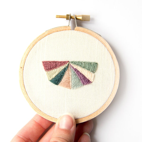 Modern Geometric Embroidery - 3 Inch Hoop Art - Abstract Crewel Hand Embroidered - Quirky Sunset - Natural Colors