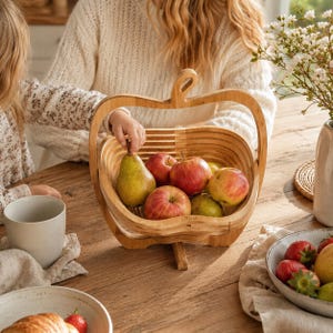 May include: A collapsible bamboo fruit basket shaped like an apple, featuring a central handle and a slatted design. The basket contains a green pear and several red apples. The word Olivia is engraved on the lower front edge of the basket.