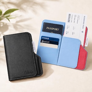 May include: A black leather passport holder with the name Olivia embossed on the front and a small white tag reading note to: lovely. The interior is light blue with slots containing a passport, credit cards, and a boarding pass for New York.