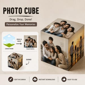 May include: A photo cube display featuring custom family photographs on its sides. The graphic includes the text PHOTO CUBE, Drag, Drop, Done!, Personalize Your Memories, CANVA FRAME, YOUR PHOTO, and EDIT IN CANVA, INSTANT DOWNLOAD, EASY TO USE.