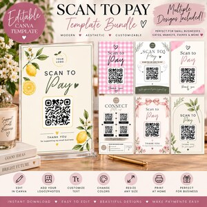 Puede incluir: Un paquete de plantillas digitales para letreros de pago por escaneo que incluye múltiples diseños con códigos QR, ilustraciones de limones, detalles florales y patrones de cuadros rosas. Incluye diseños editables para negocios.
