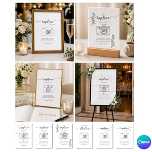 Könnte beinhalten: Eine Sammlung von Hochzeitsschildern mit dem Text capture the love, einem Strichzeichnungs-Kamerasymbol mit QR-Code und Anweisungen zum Scannen, um Fotos und Videos zu teilen. Die Schilder werden in verschiedenen Rahmen und auf Staffeleien gezeigt.