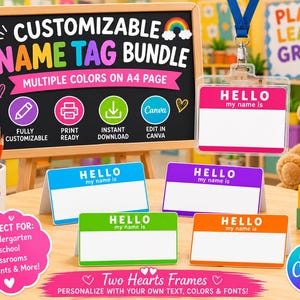 Puede incluir: Un paquete de etiquetas de nombre personalizables que incluye un letrero de pizarra negra con texto colorido, un cordón azul con un porta credencial de plástico transparente y cuatro tarjetas de nombre plegables en azul, morado, verde y naranja.