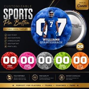 Op de afbeelding: Een aanpasbaar sport-button sjabloon met een footballspeler in een blauw uniform met nummer 7 tegen een blauwe rookachtergrond. Het ontwerp bevat bewerkbare tekstvelden voor namen en titels, met extra kleurvariaties voor de buttons.