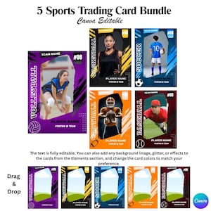 Peut inclure: Un lot de 5 modèles de cartes de sport à collectionner incluant volley-ball, basket-ball, football, football américain et baseball. Chaque carte comporte des espaces pour le nom d'équipe, le nom du joueur, le poste et le numéro, modifiables via Canva.