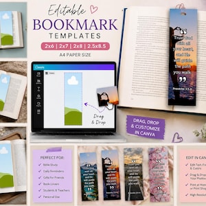 Bewerkbare bladwijzersjabloon voor Canva | Fotoontwerp met slepen en neerzetten | Cadeau met bijbeltekst | Digitale download |