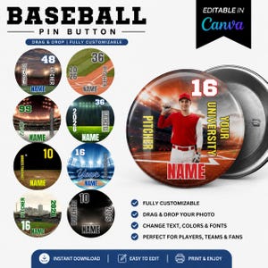 May include: A circular baseball pin button template featuring customizable text fields for name, number, and university. The design includes a central image of a baseball player on a field, with various background options showing stadium lights.