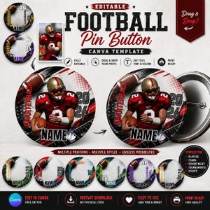 Pode incluir: Um modelo Canva editável de botton de futebol americano com um design circular, um jogador de futebol com camisa vermelha, o texto "QUARTERBACK" e "NAME", e o ano "2026". O layout inclui vários exemplos de bottons circulares.