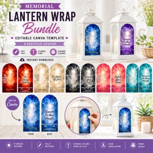 May include: A digital bundle of eight memorial lantern wrap templates featuring arched designs with celestial cloud backgrounds, customisable text fields for names and dates, and phrases like Gone Not Lost and Forever In Our Hearts for lanterns.