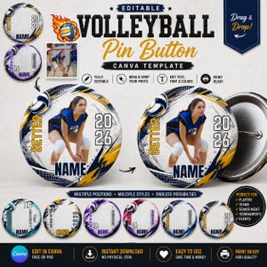 Volleybollnålsknapp Canva-mall | Redigerbart lagfoto | Anpassad present till seniorkvällen | Sportminnessak