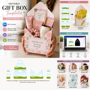 May include: Editable gift box templates for Canva featuring a floral design. The set includes instructions for printing, cutting, and assembling custom boxes. The display shows a finished box filled with a hand cream, a notebook, and a candle.