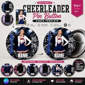 May include: A digital Canva template for a round cheerleader pin button featuring a dark blue background with stadium lights, stars, and pom-poms. The design includes placeholders for a photo, the year 2026, and a name, with text reading CHEERLEADER.