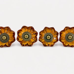 May include: A set of four amber-colored glass drawer knobs, each featuring a faceted, flower-like shape with eight petals. The center of each knob has a circular, textured brass-toned metal base with a smooth, rounded brass-toned metal screw head.
