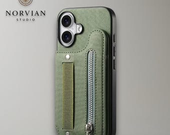 Brieftaschen-Handyhülle mit Reißverschlusstasche und Handschlaufe für iPhone