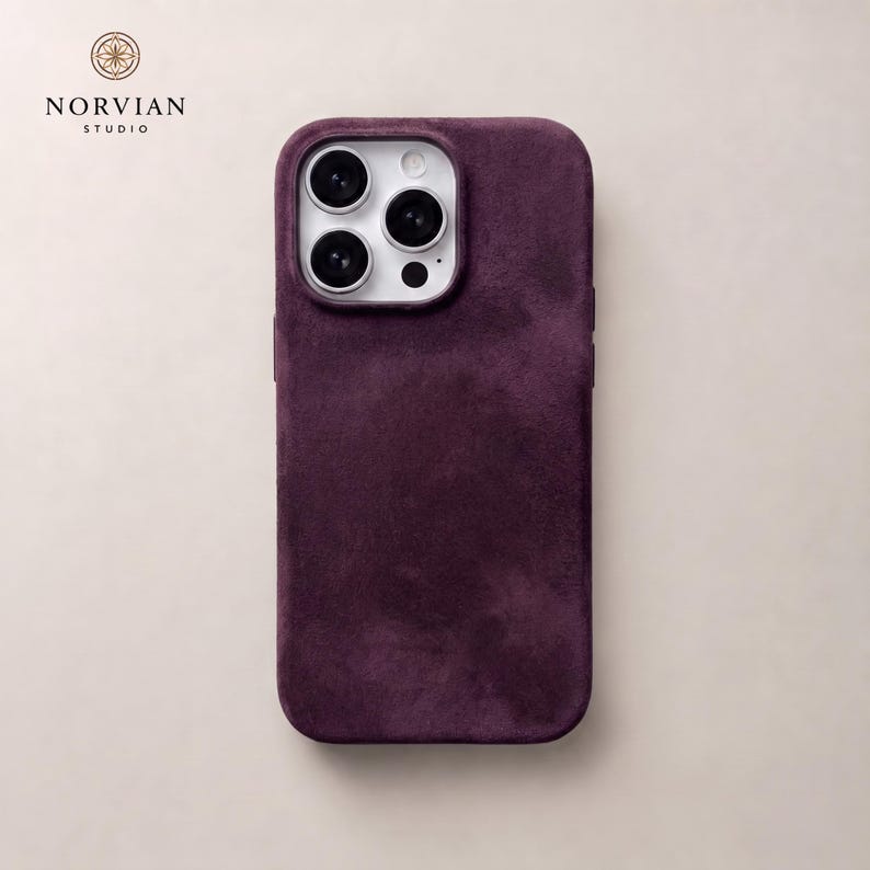 Purple soft touch MagSafe iPhone case with suede like texture and slim minimalist profile
