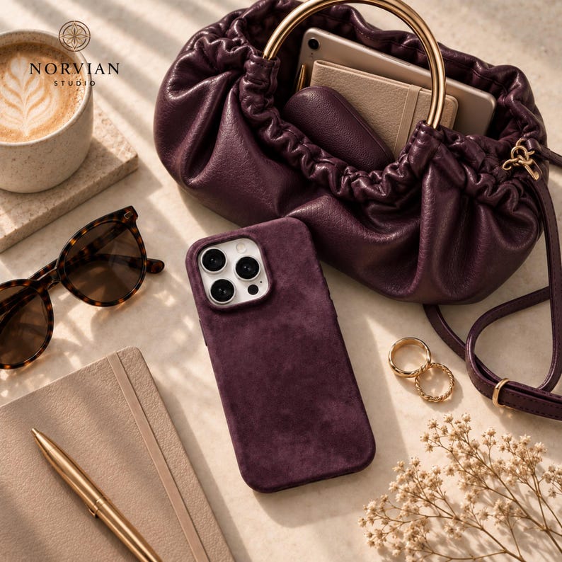 Premium soft suede iPhone case with raised camera edge and lightweight slim design