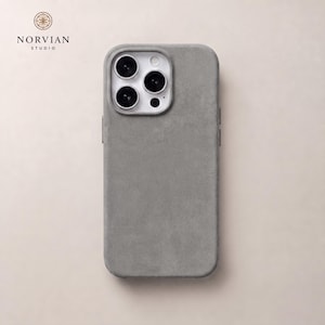 Light gray soft suede iPhone case with MagSafe compatibility and slim protective design