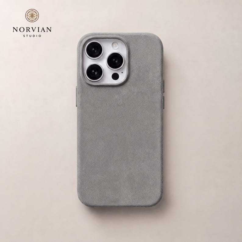 Light gray soft suede iPhone case with MagSafe compatibility and slim protective design