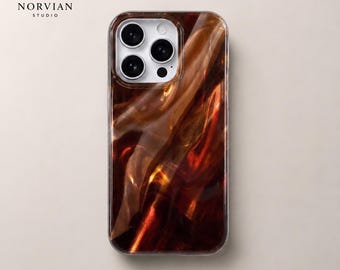 Abstract Marble iPhone Case, Glossy Amber Brown Swirl Protective Cover